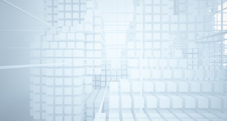 Abstract white architectural interior from an array of white cubes with large windows. 3D illustration and rendering.