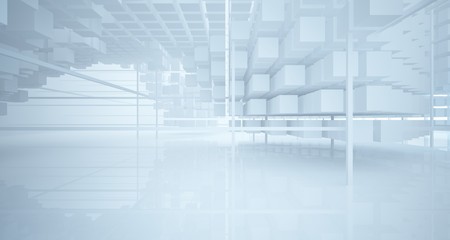 Abstract white architectural interior from an array of white cubes with large windows. 3D illustration and rendering.