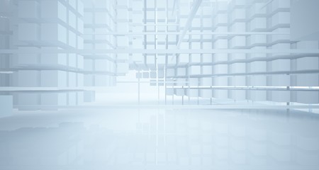 Abstract white architectural interior from an array of white cubes with large windows. 3D illustration and rendering.
