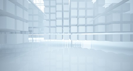 Abstract white architectural interior from an array of white cubes with large windows. 3D illustration and rendering.