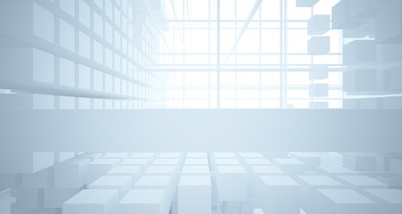 Abstract white architectural interior from an array of white cubes with large windows. 3D illustration and rendering.