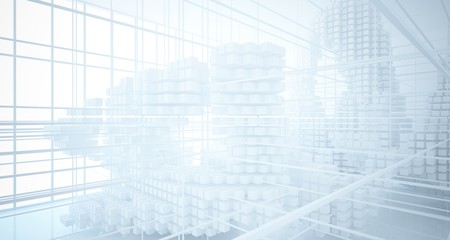 Abstract white architectural interior from an array of white cubes with large windows. 3D illustration and rendering.