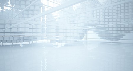 Abstract white architectural interior from an array of white cubes with large windows. 3D illustration and rendering.