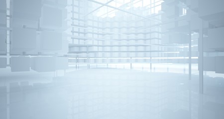 Abstract white architectural interior from an array of white cubes with large windows. 3D illustration and rendering.