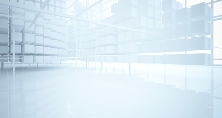 Abstract white architectural interior from an array of white cubes with large windows. 3D illustration and rendering.