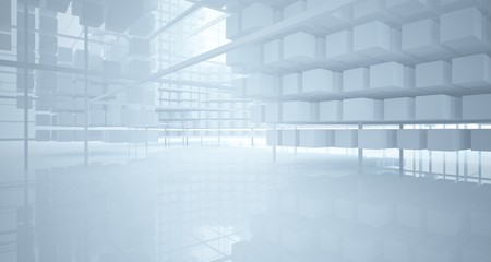Abstract white architectural interior from an array of white cubes with large windows. 3D illustration and rendering.