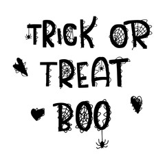Happy halloween lettering phrase with heart, spider and candy illustratios. Vector