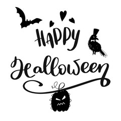 Happy halloween lettering phrase with heart, bat and crow illustratios. Vector