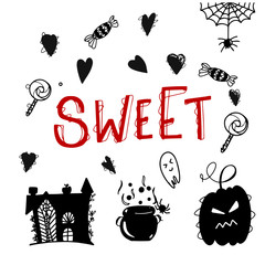 Happy halloween lettering phrase with heart, spider, castle, pumpkin, ghost, kettle and candy illustratios. Vector