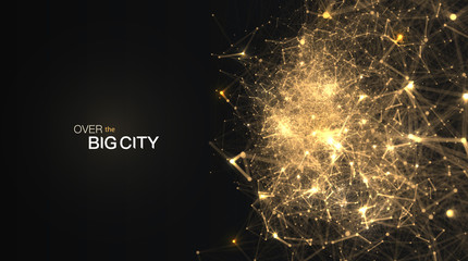 The Golden dots are connected by lines blur motion effect. Night view on big city from airplane abstract vector background. Big data web banner.