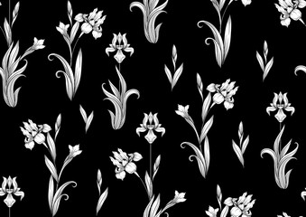 Iris flower, fleur-de-lis, flower-de-luce, flag. Seamless pattern, background. Black and white graphics. Vector illustration. In art nouveau style, vintage, old, retro style. In botanical style.