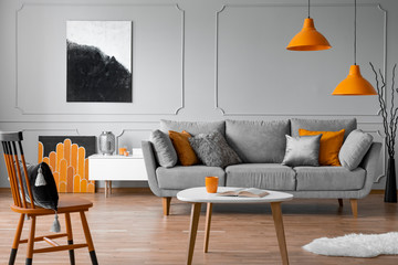 Comfortable grey sofa with pillows in elegant living room with scandinavian design