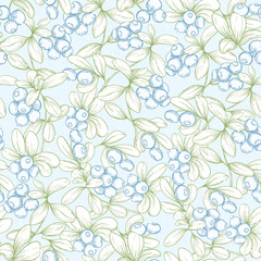Blueberry. Seamless pattern, background. Graphic drawing engraving style Vector illustration.