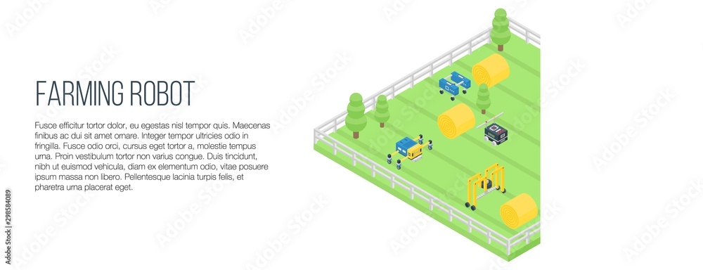 Poster farming robot concept banner. isometric illustration of farming robot vector concept banner for web 