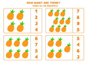 Educational worksheet for preschool kids. How many are there. Count the pineapples. Math game for kids. 