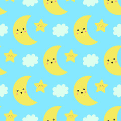 Cute seamless pattern with moon, stars and cloud on blue background