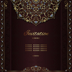 Vintage background mandala card with golden lace ornaments and art deco floral decorative elements