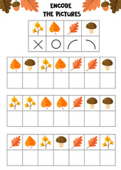 Encode the picture, autumn set. Educational worksheet for kids. Games for kids. Printable pages for preschool children. 