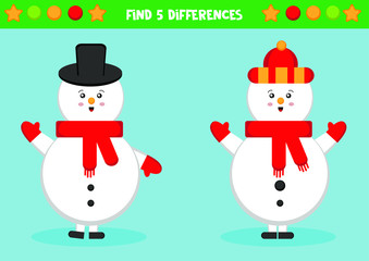 Educational worksheet for kids. Find 5 differences. Christmas snowman.