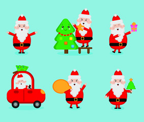 Set of cute Santa Clauses doing different things. Christmas cards for kids.