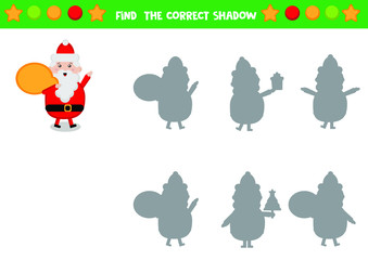 Educational worksheet for kids. Santa Claus. Find the correct shadow