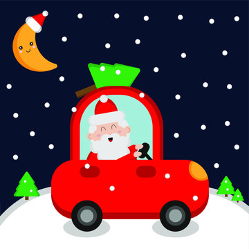 Cute Santa Claus driving red car with Christmas tree at night. Christmas card