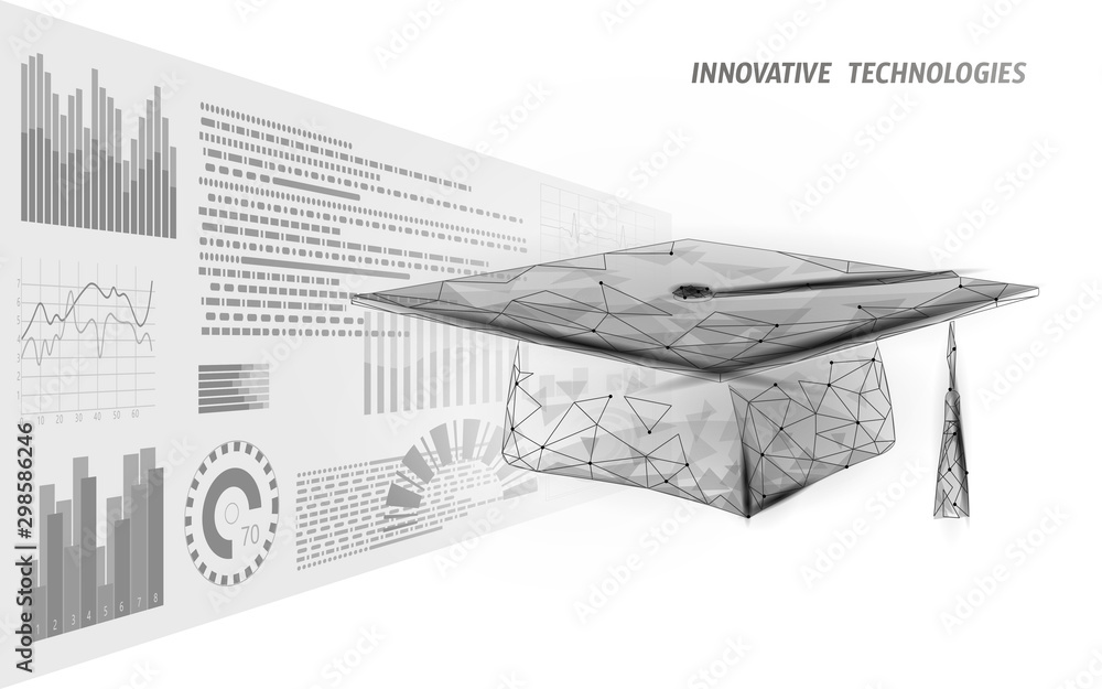 Poster e-learning distance graduate certificate program concept. low poly 3d render graduation cap hud grap