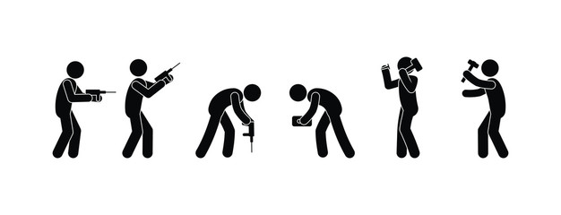 stick figure repair pictograms, people icons, isolated characters man with a drill