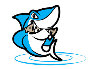 Cartoon shark biting a death fish, swirl water, mascot vector illustration