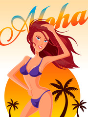 Obraz na płótnie Canvas Summer hot bikini lady in tropical beach with palm trees and hot sun, vector illustration
