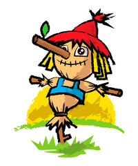 Cartoon scarecrow is standing in a garden with big sunset background.. Vector illustration