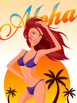 Summer hot bikini lady in tropical beach with palm trees and hot sun, vector illustration