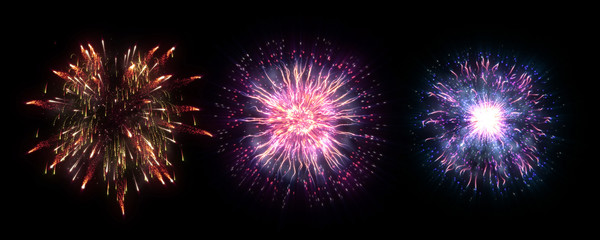 3 fireworks with black background