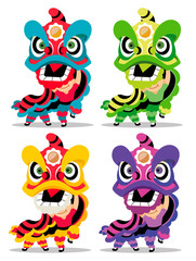 Chinese new year. Colourful Lion Dance. 4 variation of Lion Dance - Vector illustration