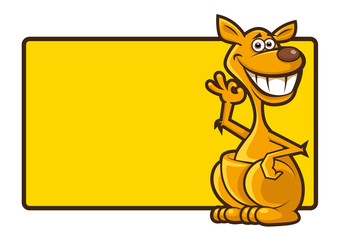 Cartoon cute kangaroo with okay hand symbol with big yellow signboard. Vector illustration