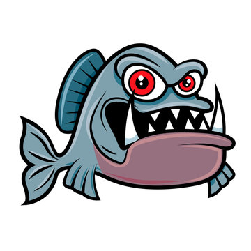 Cartoon angry piranha fish character with big red eyes - vector mascot
