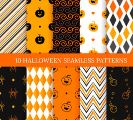 Ten Halloween different seamless patterns. Endless texture for wallpaper, web page background, wrapping paper and etc. Smiling cute pumpkins, spiders, potions, zigzags and spirals