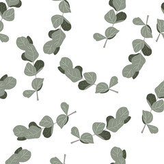 Eucalyptus branch in a seamless pattern on a white background. Aromatherapy, herbs curative.