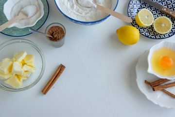 Top view of biscuit ingredients. Homemade bakery themes