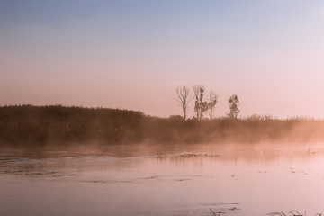 Misty morning over he water during sunrise.