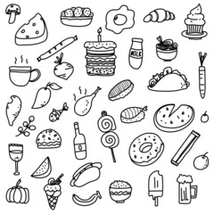 food and icons doodle set vector
