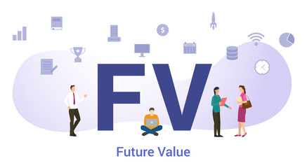 fv future value concept with big word or text and team people with modern flat style - vector