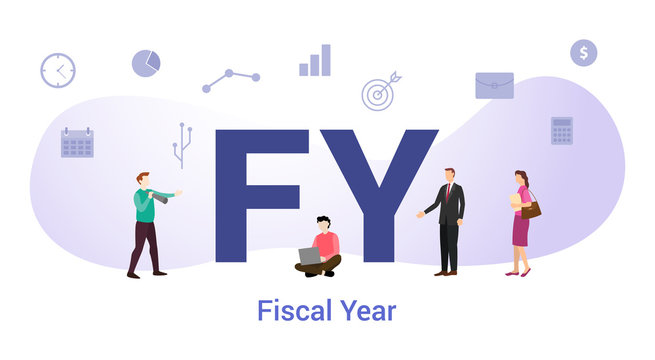 fy fiscal year concept with big word or text and team people with modern flat style - vector