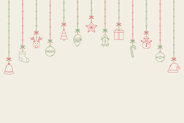 Fototapeta na wymiar Hanging Christmas ornaments on bright background. Festive decoration. Vector