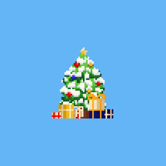 Pixel christmas tree with snow and gift boxes.8bit.