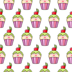 Seamless texture with cute kawaii cupcake. Sweet ripe cherry.