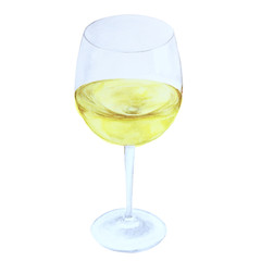 White wine in glas, watercolor illustration isolated on white background