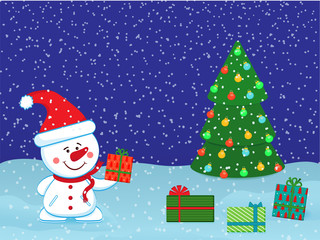 Christmas New Year card with a cheerful snowman and gifts for congratulations or invitations.