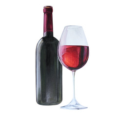 red wine bottle and wine glass, watercolor illustration isolated on white background