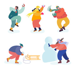 Christmas Holidays Activities Set. Snowballs Battle between Friends Teams. Happy Young People Company in Warm Clothes Snow Balls Fight, Sledding and Making Snowman Cartoon Flat Vector Illustration